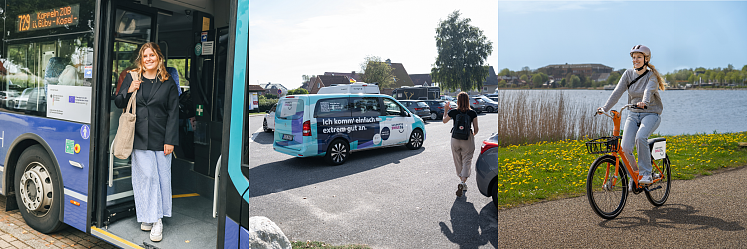 junge Frauen nutzen Bus, NAHSHUTTLE sowie Fahrrad für Mobilität